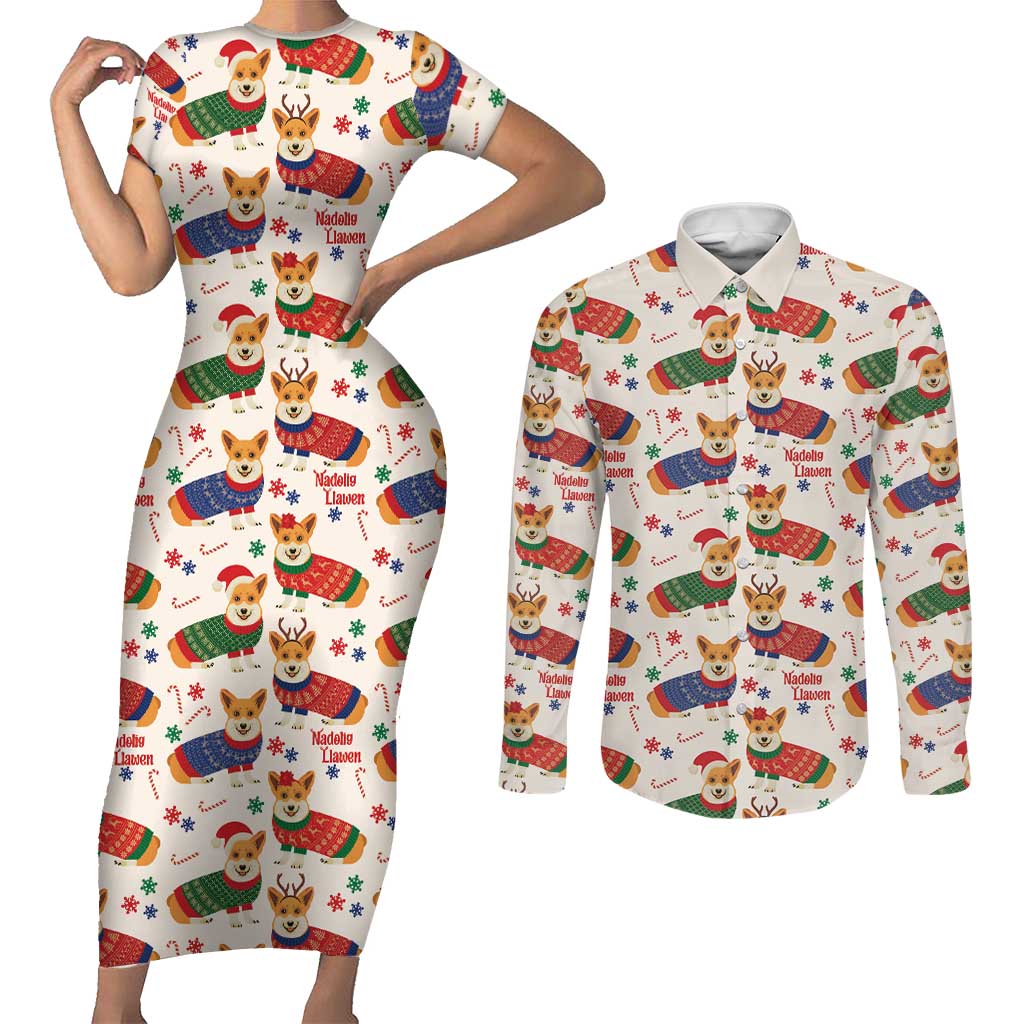 Wales Corgi Christmas Couples Matching Short Sleeve Bodycon Dress and Long Sleeve Button Shirt Nadolig Llawen Welsh Dog Seamless Vibes - Wonder Print Shop