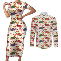 Wales Corgi Christmas Couples Matching Short Sleeve Bodycon Dress and Long Sleeve Button Shirt Nadolig Llawen Welsh Dog Seamless Vibes - Wonder Print Shop