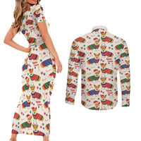 Wales Corgi Christmas Couples Matching Short Sleeve Bodycon Dress and Long Sleeve Button Shirt Nadolig Llawen Welsh Dog Seamless Vibes - Wonder Print Shop