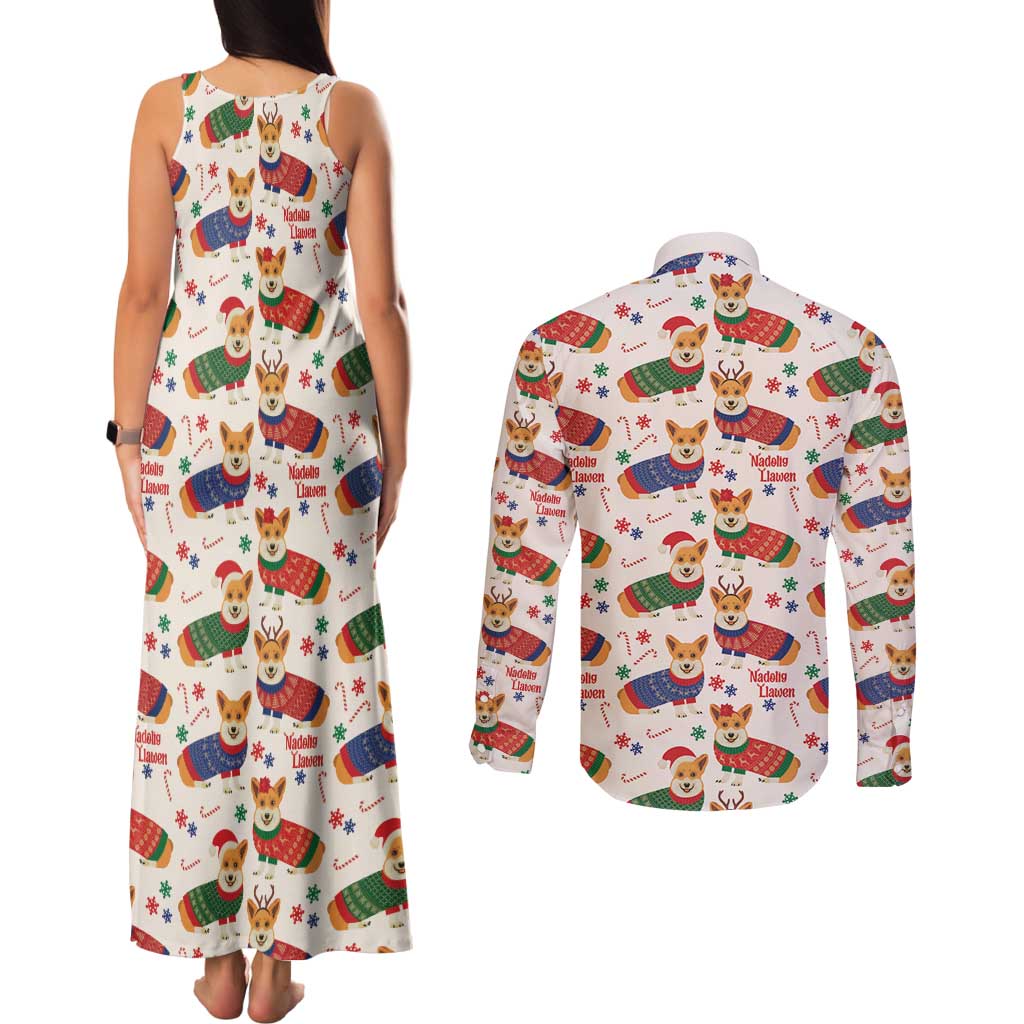 Wales Corgi Christmas Couples Matching Tank Maxi Dress and Long Sleeve Button Shirt Nadolig Llawen Welsh Dog Seamless Vibes - Wonder Print Shop