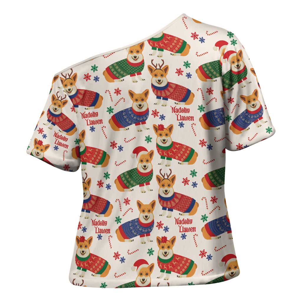 Wales Corgi Christmas Cross Shoulder Shirt Nadolig Llawen Welsh Dog Seamless Vibes - Wonder Print Shop