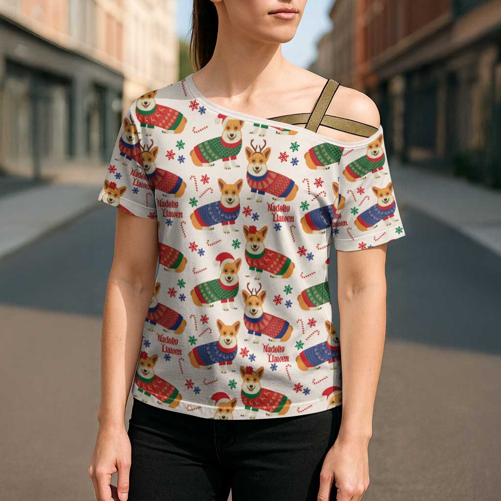 Wales Corgi Christmas Cross Shoulder Shirt Nadolig Llawen Welsh Dog Seamless Vibes - Wonder Print Shop