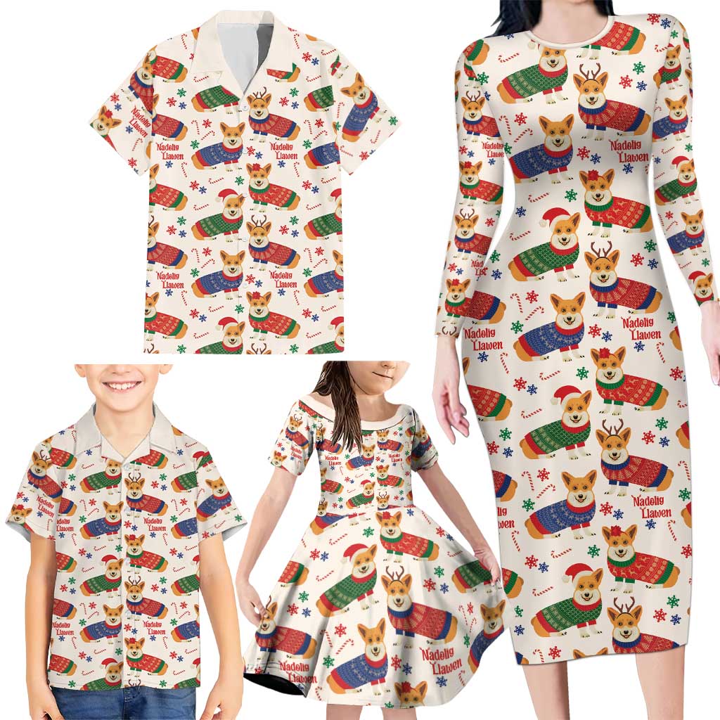 Wales Corgi Christmas Family Matching Long Sleeve Bodycon Dress and Hawaiian Shirt Nadolig Llawen Welsh Dog Seamless Vibes - Wonder Print Shop
