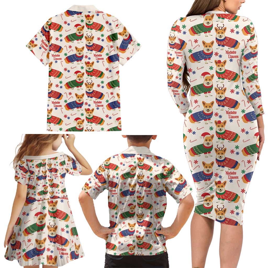 Wales Corgi Christmas Family Matching Long Sleeve Bodycon Dress and Hawaiian Shirt Nadolig Llawen Welsh Dog Seamless Vibes - Wonder Print Shop