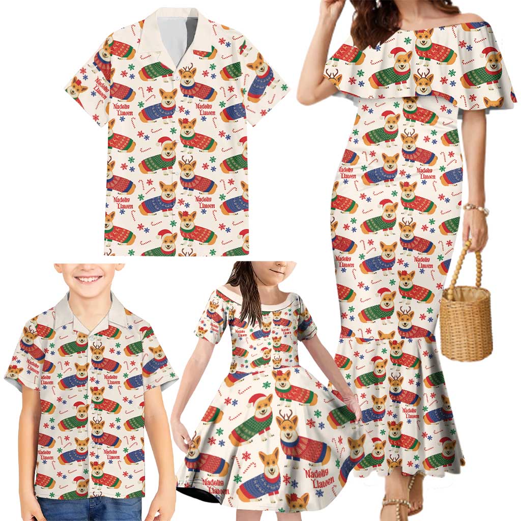 Wales Corgi Christmas Family Matching Mermaid Dress and Hawaiian Shirt Nadolig Llawen Welsh Dog Seamless Vibes - Wonder Print Shop