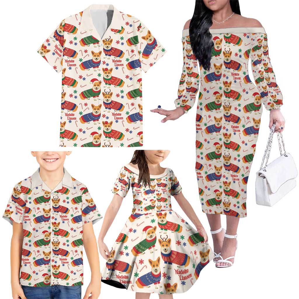 Wales Corgi Christmas Family Matching Off The Shoulder Long Sleeve Dress and Hawaiian Shirt Nadolig Llawen Welsh Dog Seamless Vibes - Wonder Print Shop