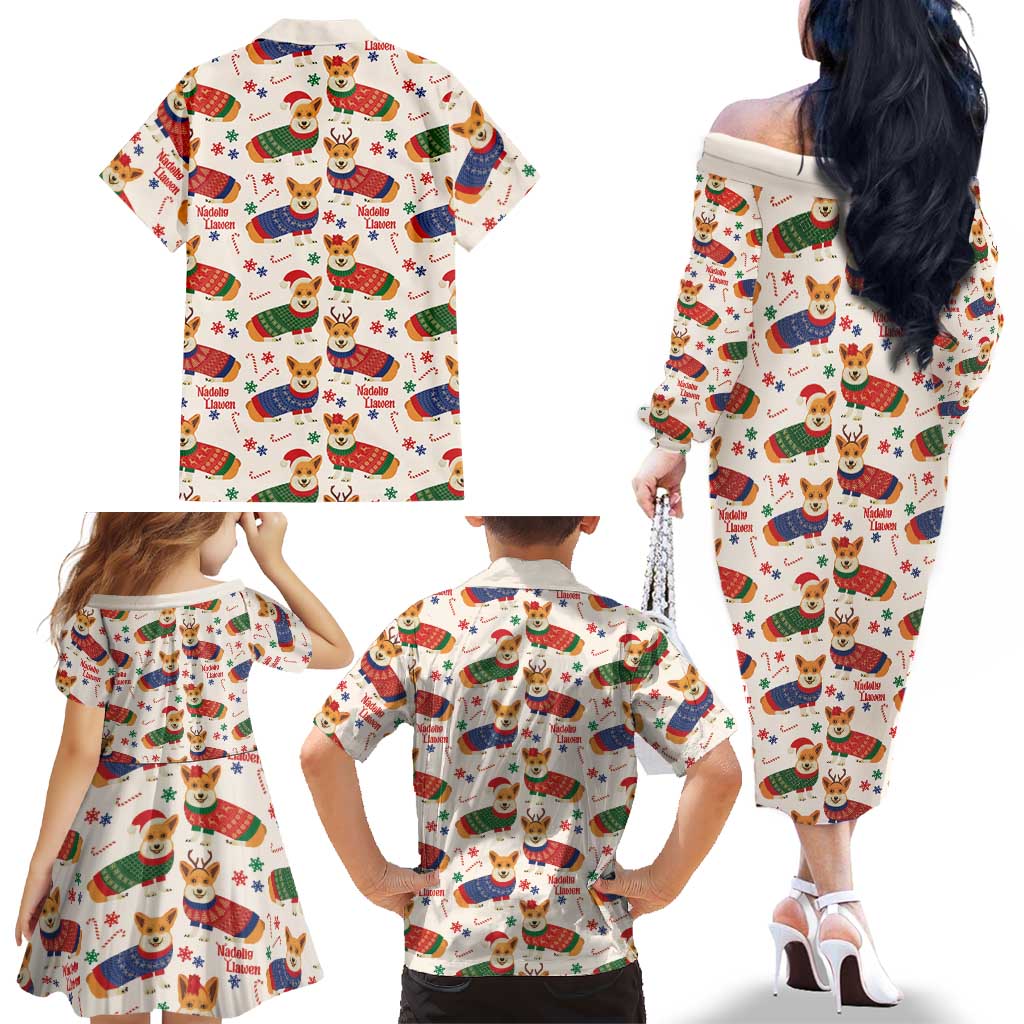 Wales Corgi Christmas Family Matching Off The Shoulder Long Sleeve Dress and Hawaiian Shirt Nadolig Llawen Welsh Dog Seamless Vibes - Wonder Print Shop
