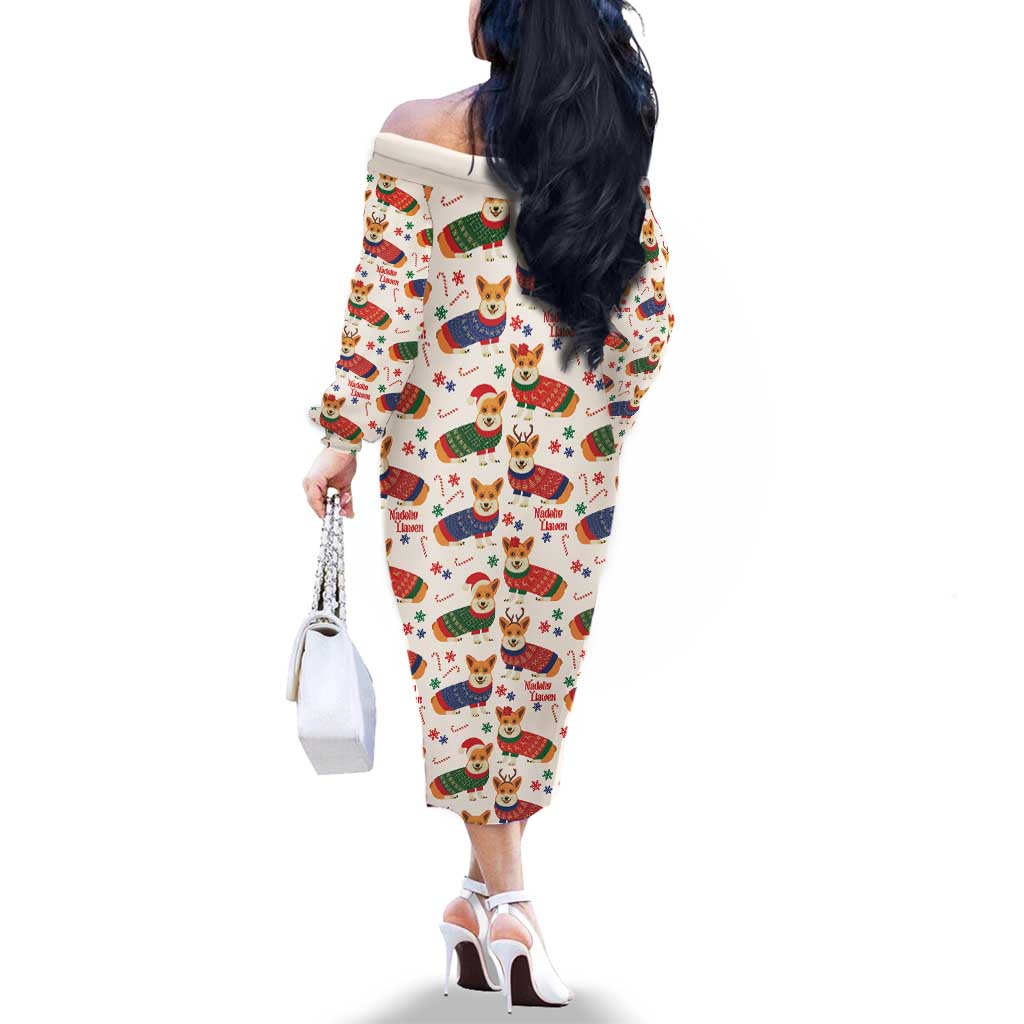 Wales Corgi Christmas Family Matching Off The Shoulder Long Sleeve Dress and Hawaiian Shirt Nadolig Llawen Welsh Dog Seamless Vibes - Wonder Print Shop