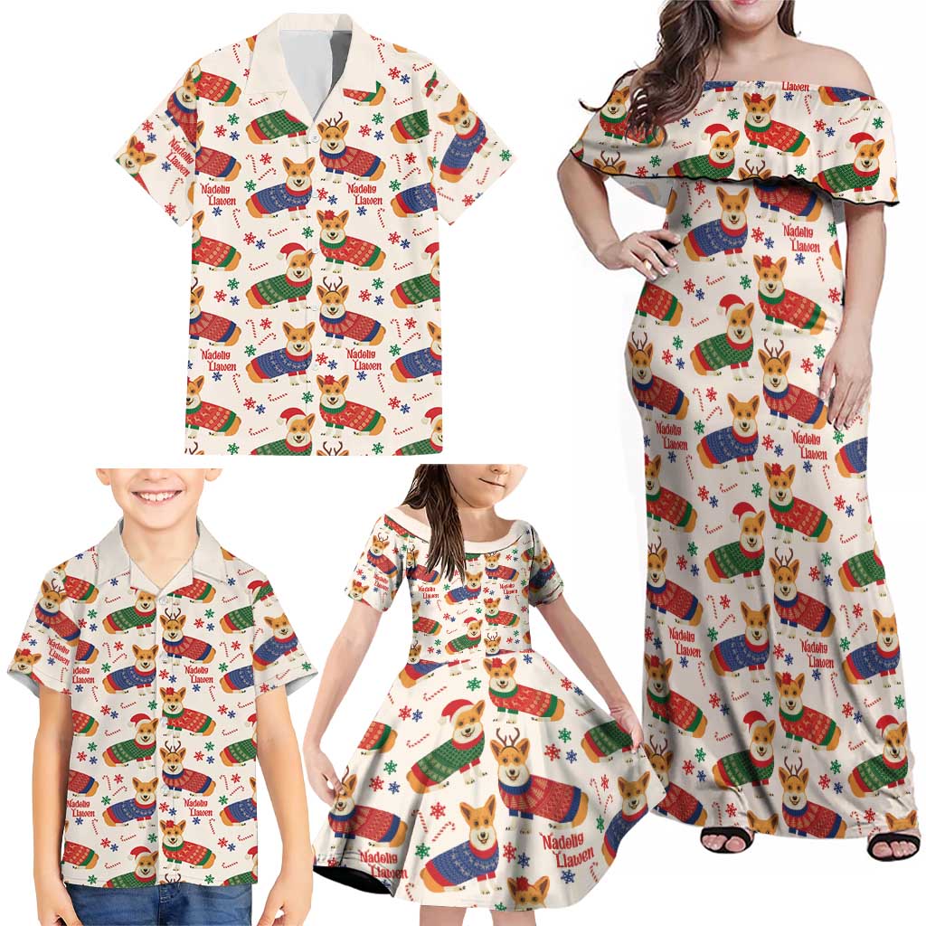 Wales Corgi Christmas Family Matching Off Shoulder Maxi Dress and Hawaiian Shirt Nadolig Llawen Welsh Dog Seamless Vibes - Wonder Print Shop