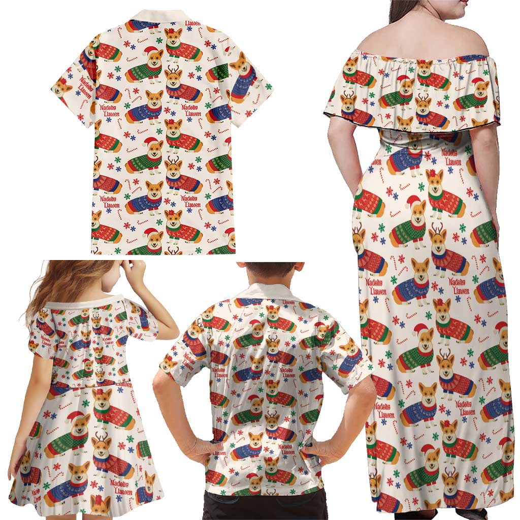 Wales Corgi Christmas Family Matching Off Shoulder Maxi Dress and Hawaiian Shirt Nadolig Llawen Welsh Dog Seamless Vibes - Wonder Print Shop
