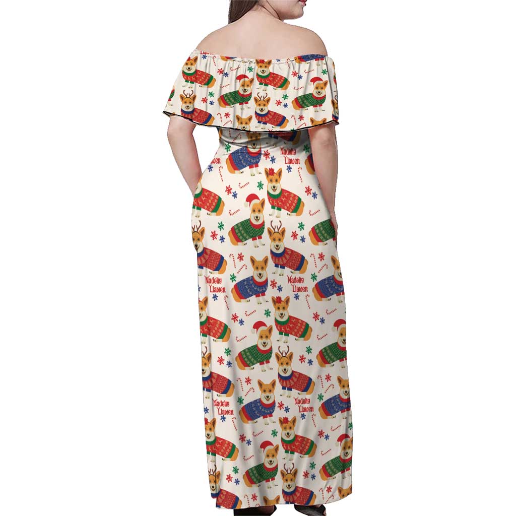Wales Corgi Christmas Family Matching Off Shoulder Maxi Dress and Hawaiian Shirt Nadolig Llawen Welsh Dog Seamless Vibes - Wonder Print Shop