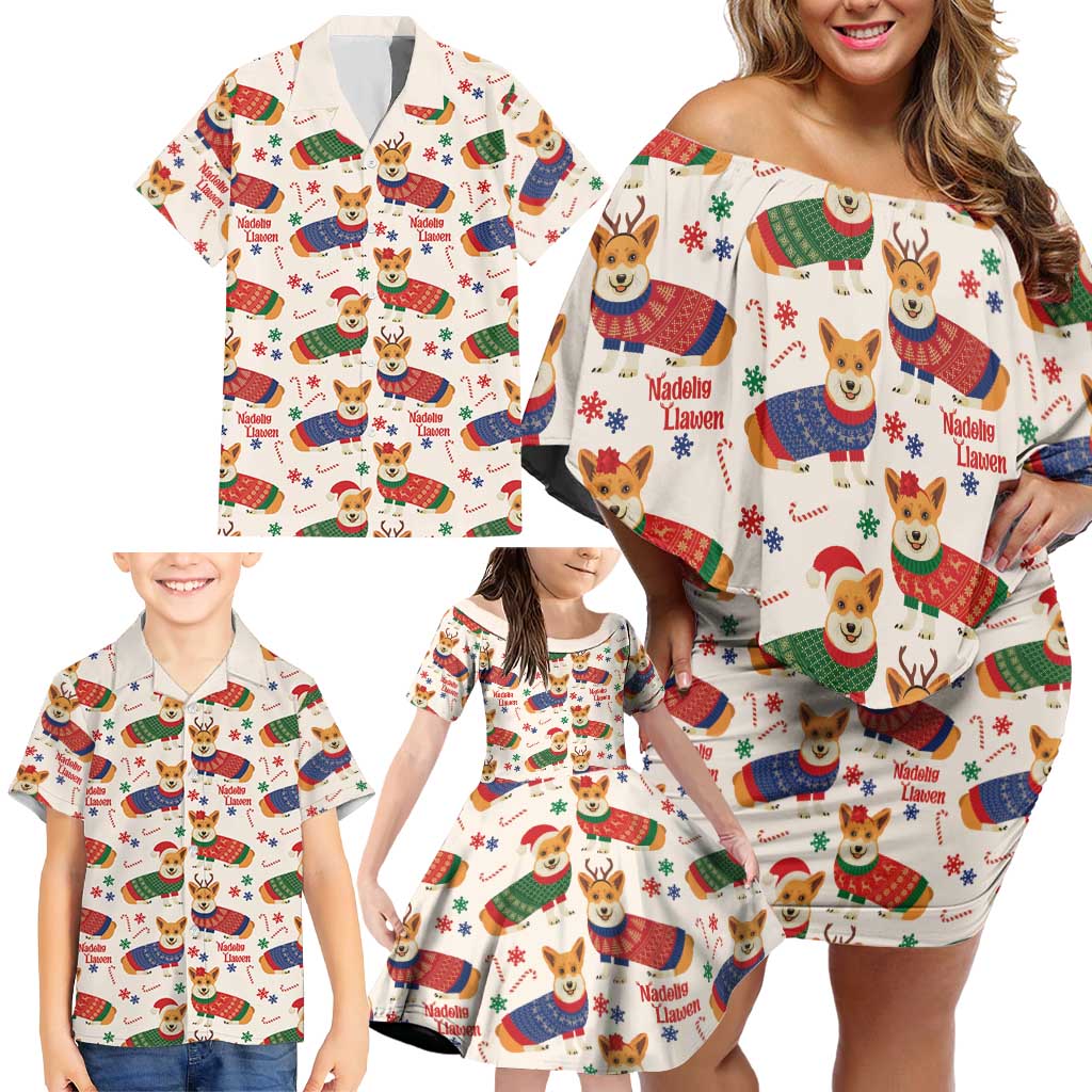 Wales Corgi Christmas Family Matching Off Shoulder Short Dress and Hawaiian Shirt Nadolig Llawen Welsh Dog Seamless Vibes - Wonder Print Shop