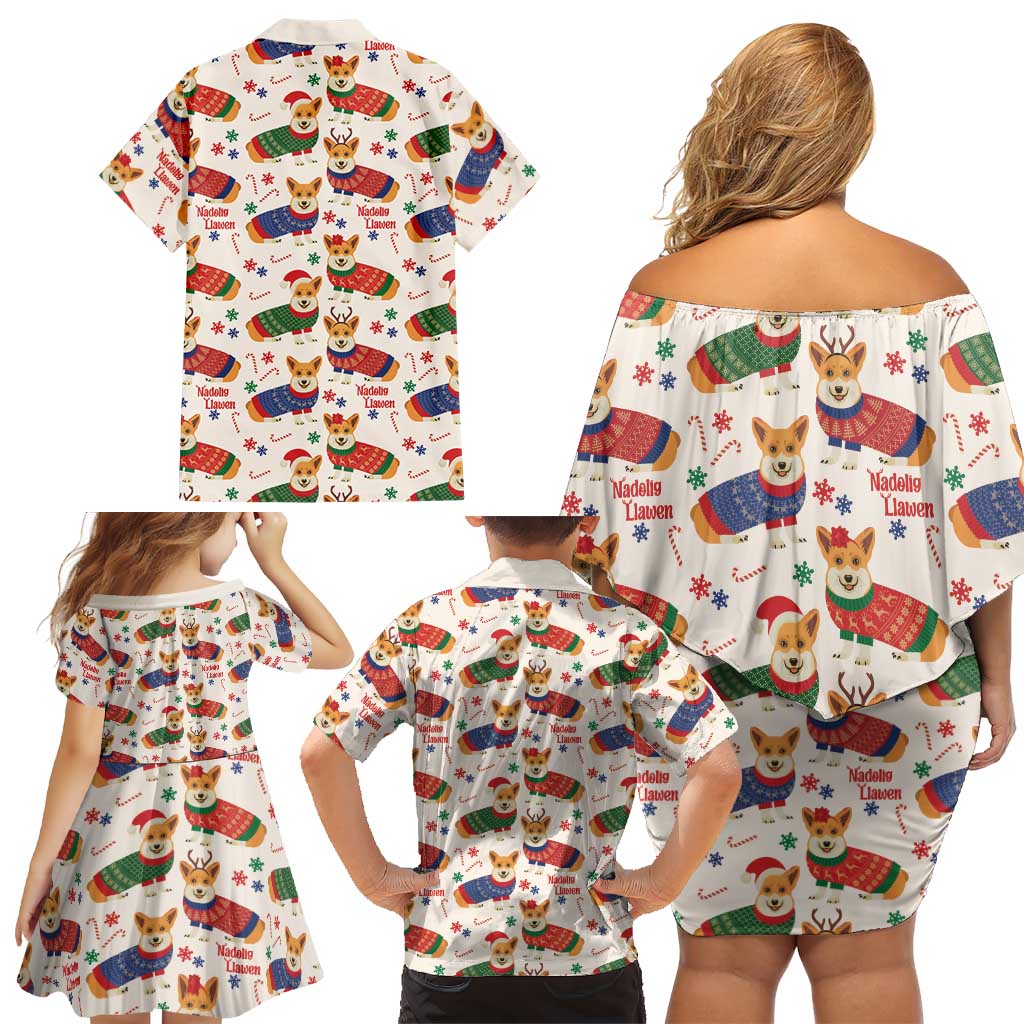 Wales Corgi Christmas Family Matching Off Shoulder Short Dress and Hawaiian Shirt Nadolig Llawen Welsh Dog Seamless Vibes - Wonder Print Shop