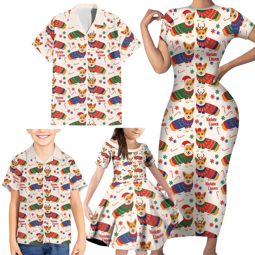 Wales Corgi Christmas Family Matching Short Sleeve Bodycon Dress and Hawaiian Shirt Nadolig Llawen Welsh Dog Seamless Vibes - Wonder Print Shop