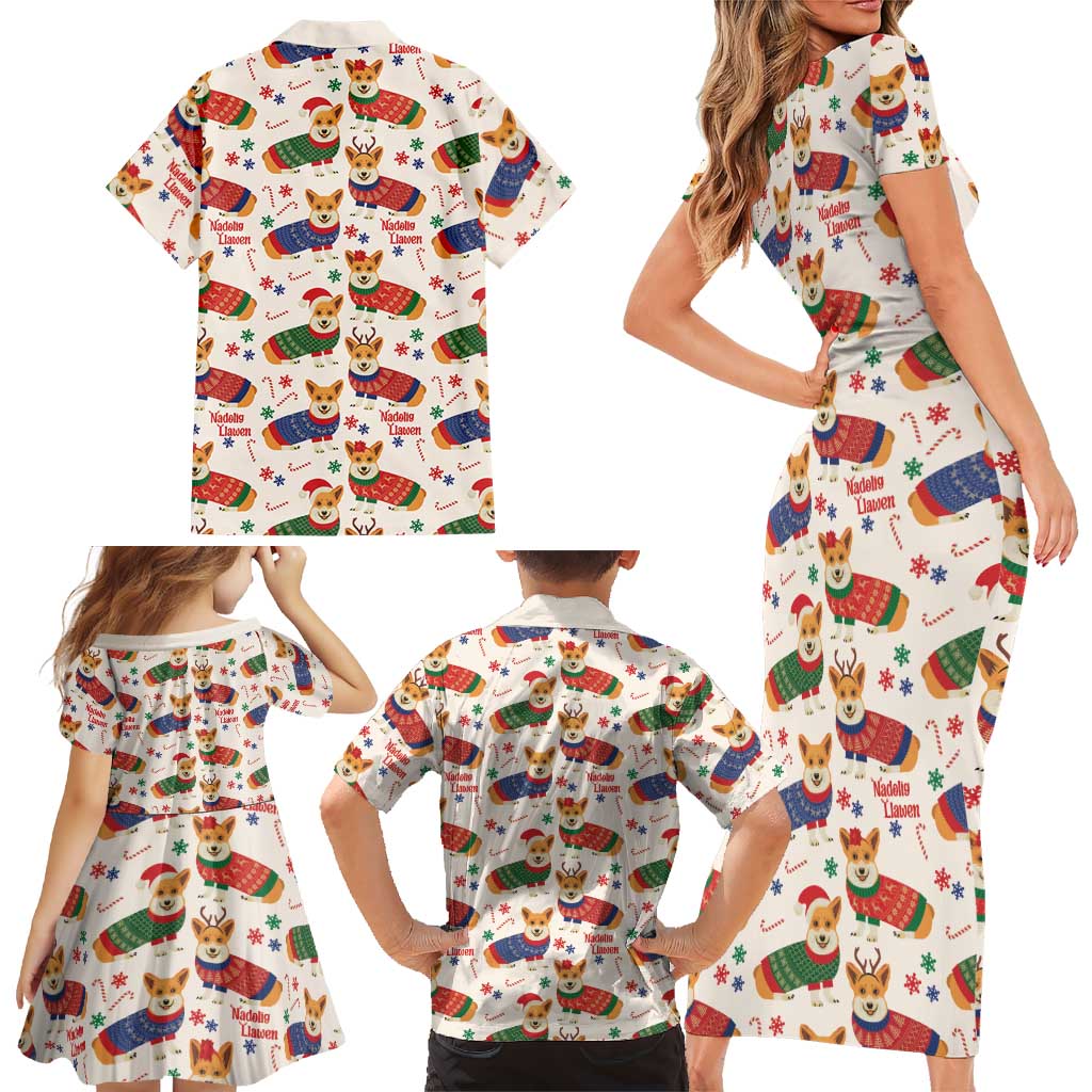 Wales Corgi Christmas Family Matching Short Sleeve Bodycon Dress and Hawaiian Shirt Nadolig Llawen Welsh Dog Seamless Vibes - Wonder Print Shop