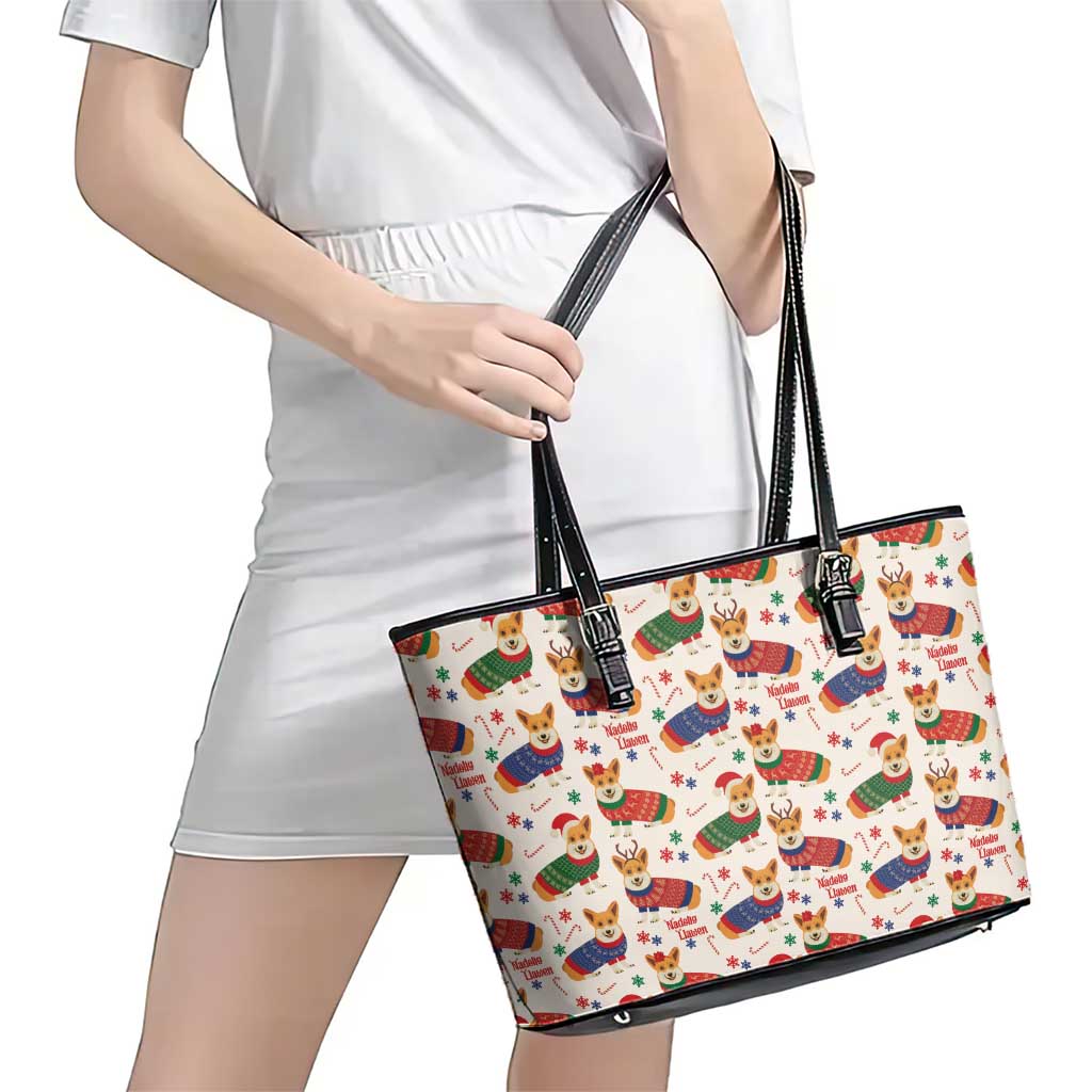 Wales Corgi Christmas Leather Tote Bag Nadolig Llawen Welsh Dog Seamless Vibes - Wonder Print Shop