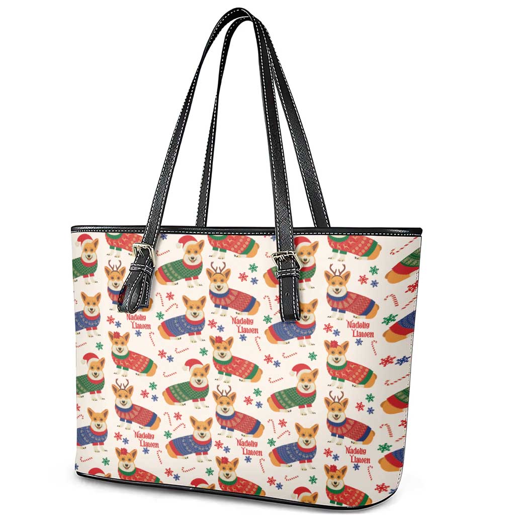Wales Corgi Christmas Leather Tote Bag Nadolig Llawen Welsh Dog Seamless Vibes - Wonder Print Shop