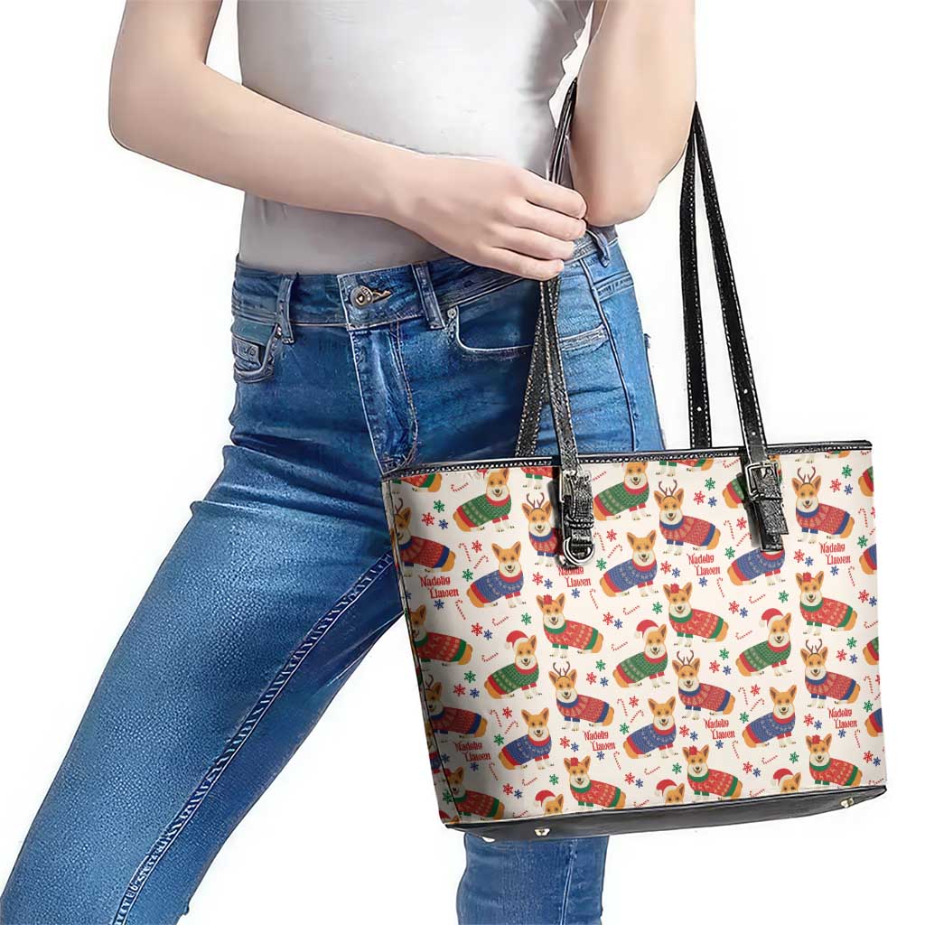 Wales Corgi Christmas Leather Tote Bag Nadolig Llawen Welsh Dog Seamless Vibes - Wonder Print Shop