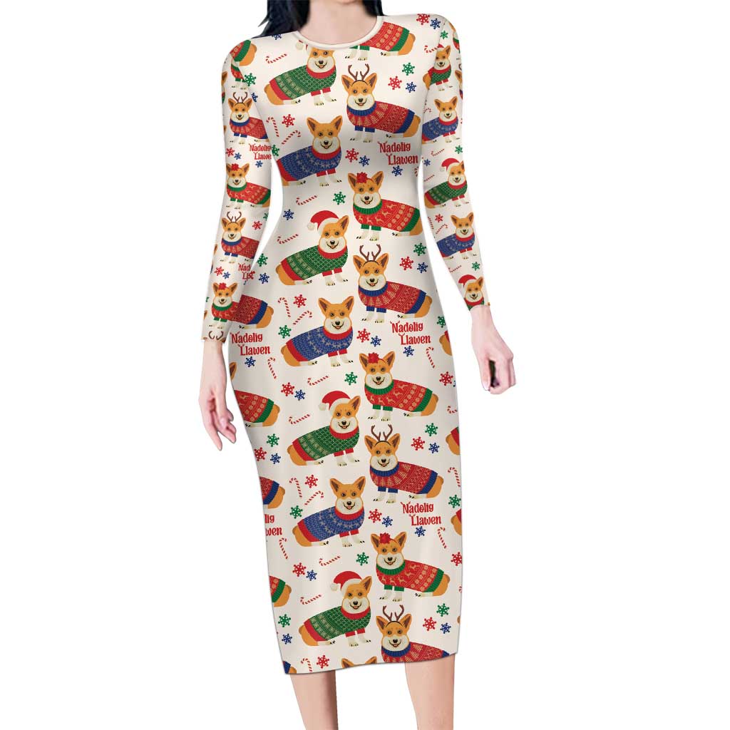 Wales Corgi Christmas Long Sleeve Bodycon Dress Nadolig Llawen Welsh Dog Seamless Vibes - Wonder Print Shop