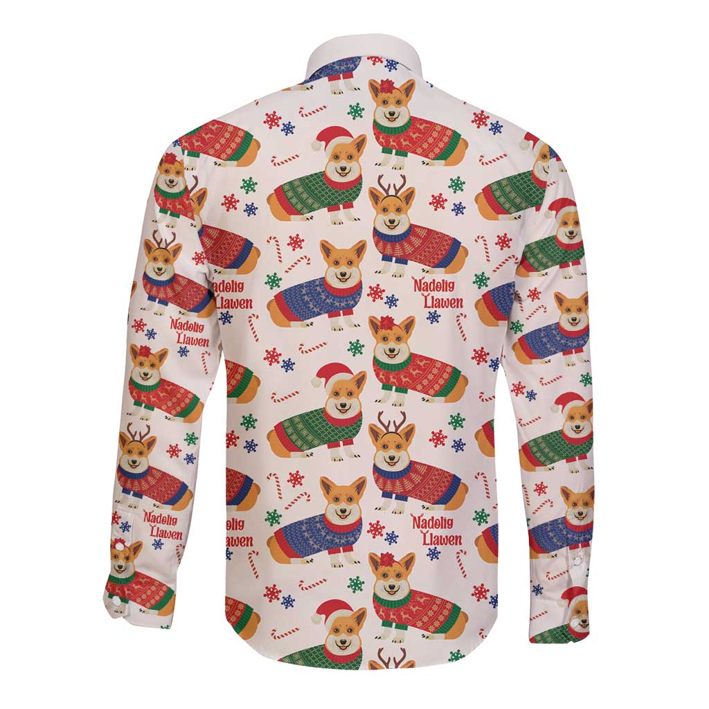 Wales Corgi Christmas Long Sleeve Button Shirt Nadolig Llawen Welsh Dog Seamless Vibes - Wonder Print Shop