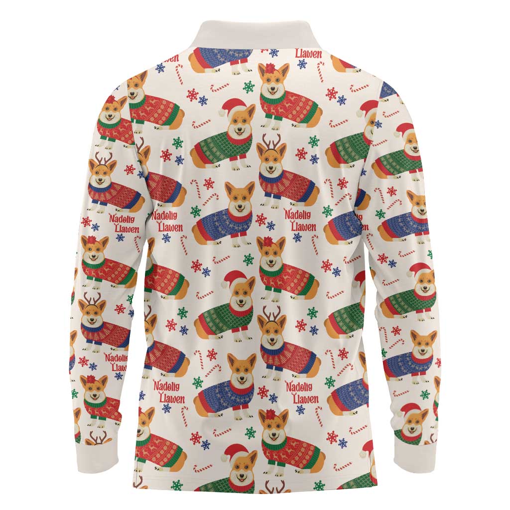 Wales Corgi Christmas Long Sleeve Polo Shirt Nadolig Llawen Welsh Dog Seamless Vibes - Wonder Print Shop