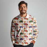 Wales Corgi Christmas Long Sleeve Polo Shirt Nadolig Llawen Welsh Dog Seamless Vibes - Wonder Print Shop