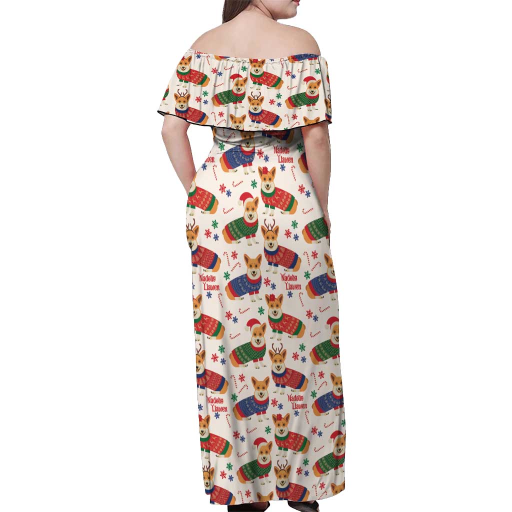 Wales Corgi Christmas Off Shoulder Maxi Dress Nadolig Llawen Welsh Dog Seamless Vibes - Wonder Print Shop