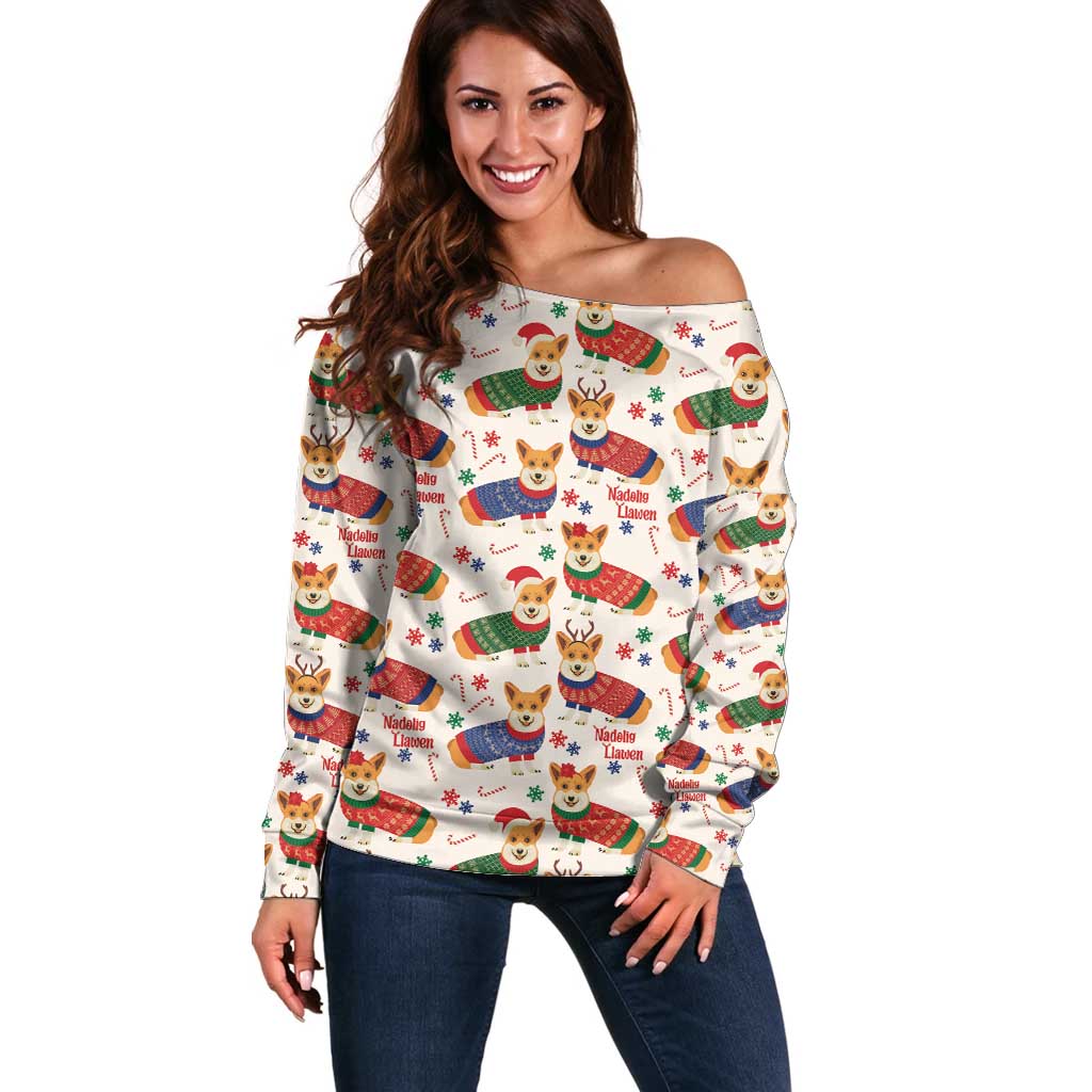 Wales Corgi Christmas Off Shoulder Sweater Nadolig Llawen Welsh Dog Seamless Vibes - Wonder Print Shop