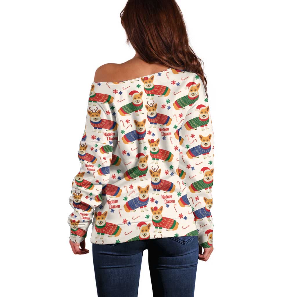 Wales Corgi Christmas Off Shoulder Sweater Nadolig Llawen Welsh Dog Seamless Vibes - Wonder Print Shop
