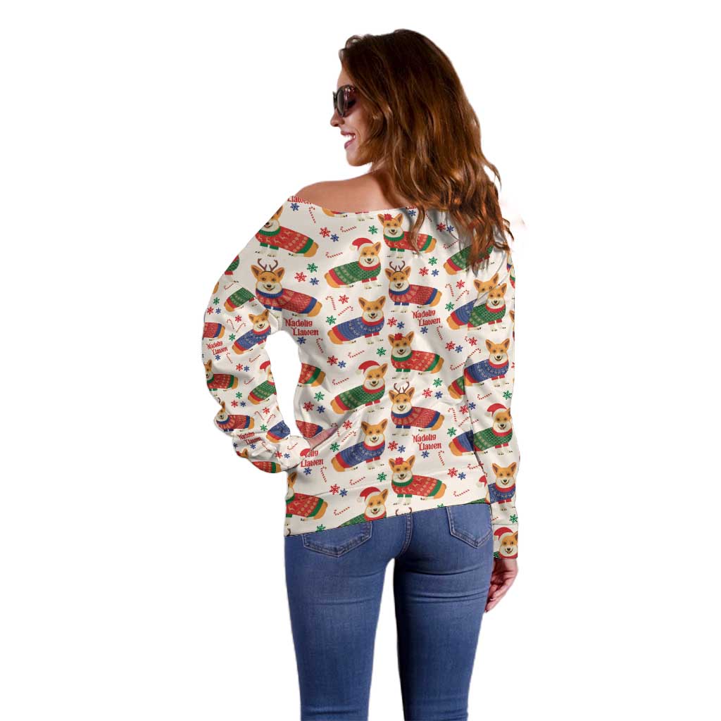 Wales Corgi Christmas Off Shoulder Sweater Nadolig Llawen Welsh Dog Seamless Vibes - Wonder Print Shop