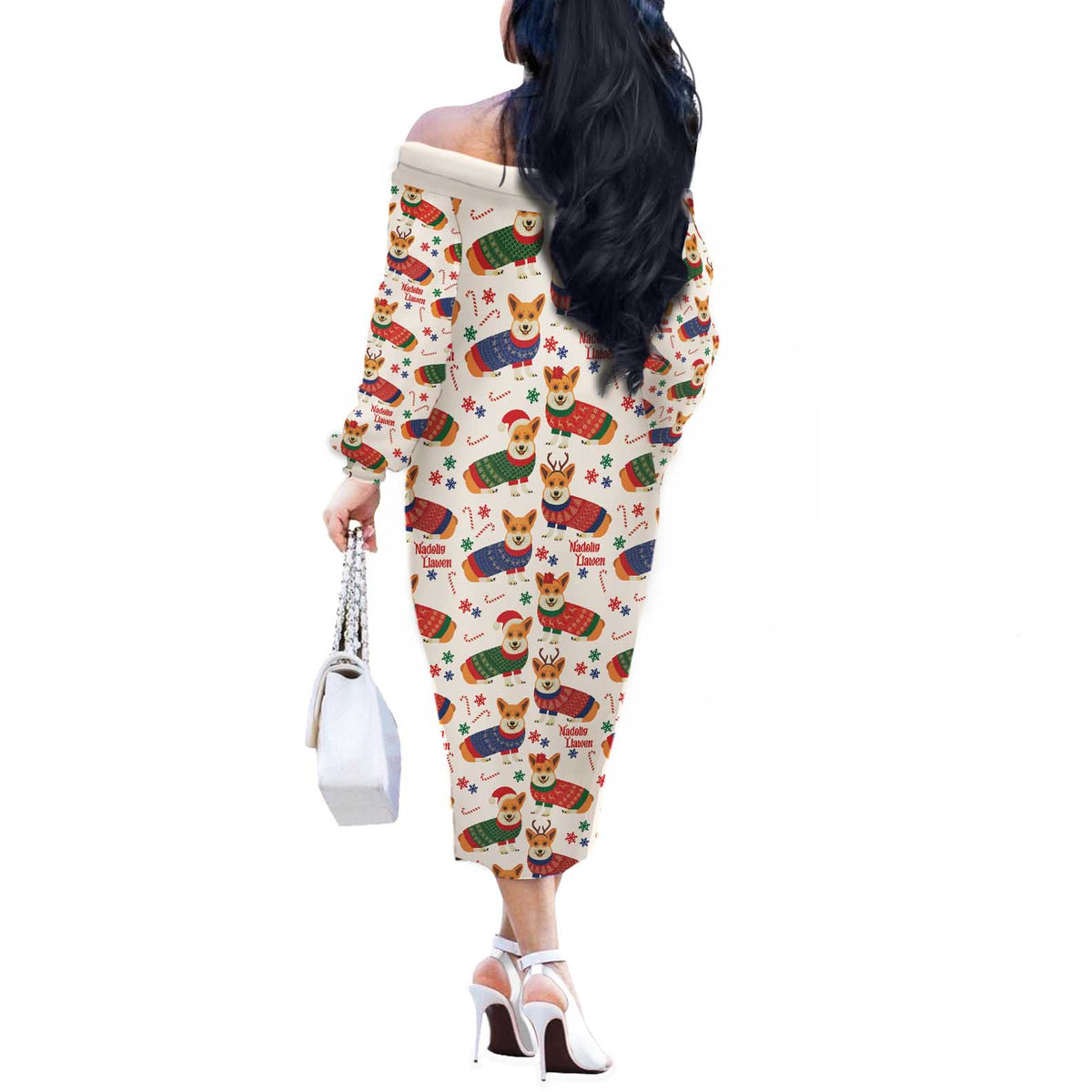 Wales Corgi Christmas Off The Shoulder Long Sleeve Dress Nadolig Llawen Welsh Dog Seamless Vibes - Wonder Print Shop