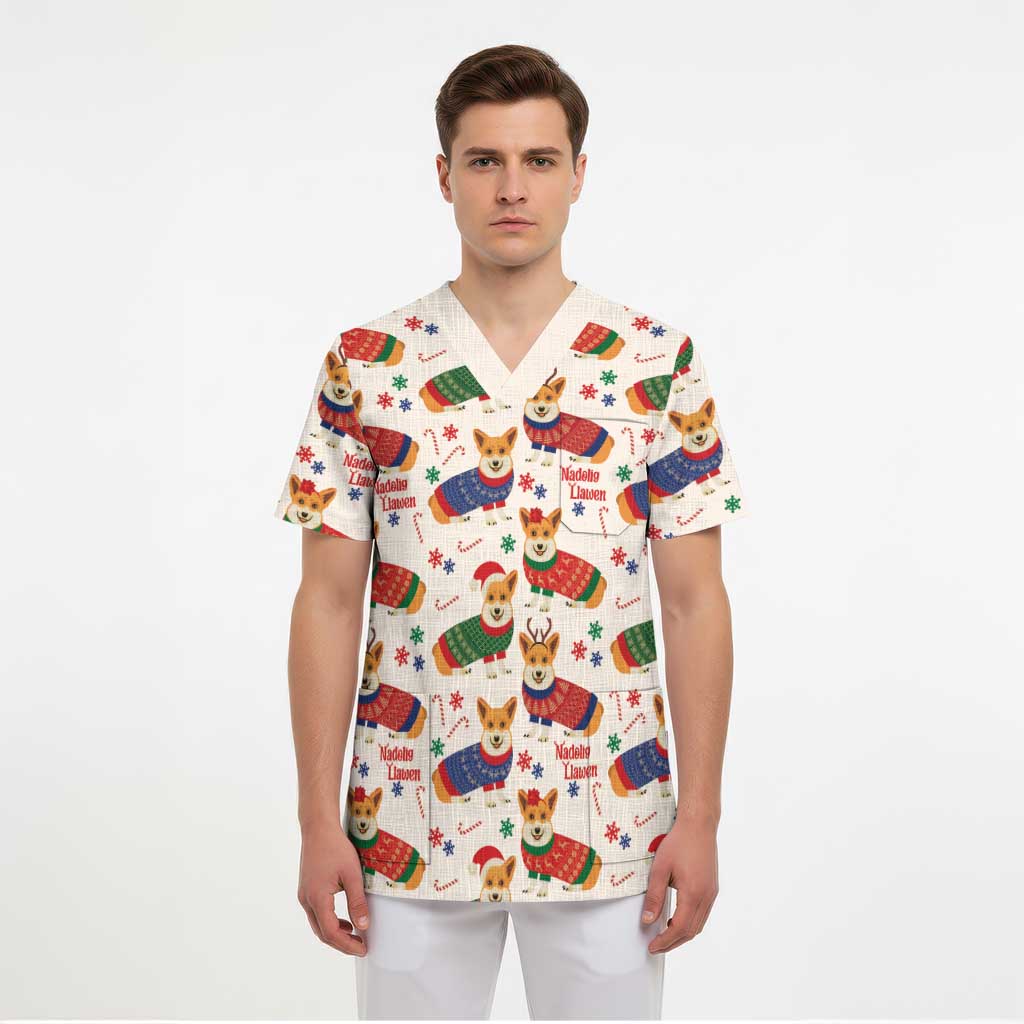 Wales Corgi Christmas Scrub Top Nadolig Llawen Welsh Dog Seamless Vibes - Wonder Print Shop
