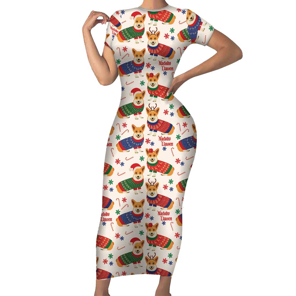 Wales Corgi Christmas Short Sleeve Bodycon Dress Nadolig Llawen Welsh Dog Seamless Vibes - Wonder Print Shop