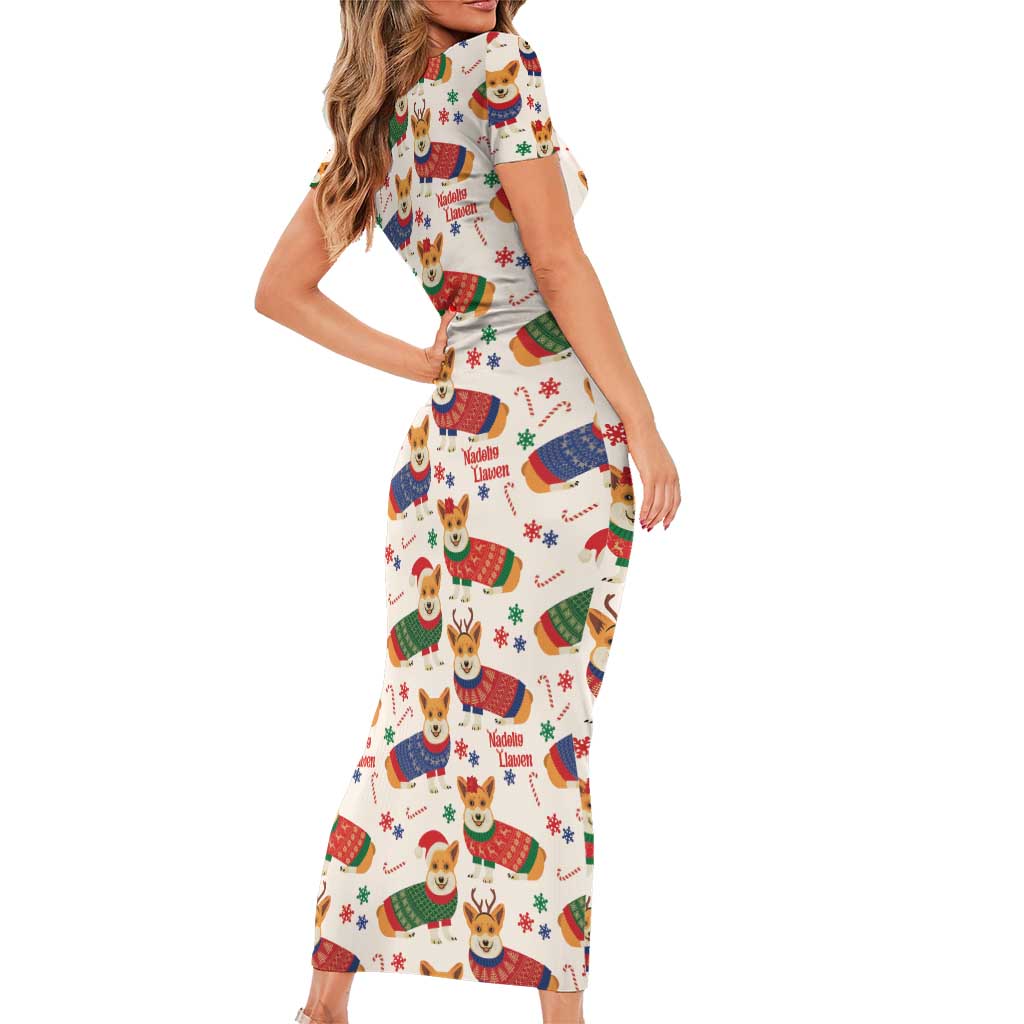 Wales Corgi Christmas Short Sleeve Bodycon Dress Nadolig Llawen Welsh Dog Seamless Vibes - Wonder Print Shop