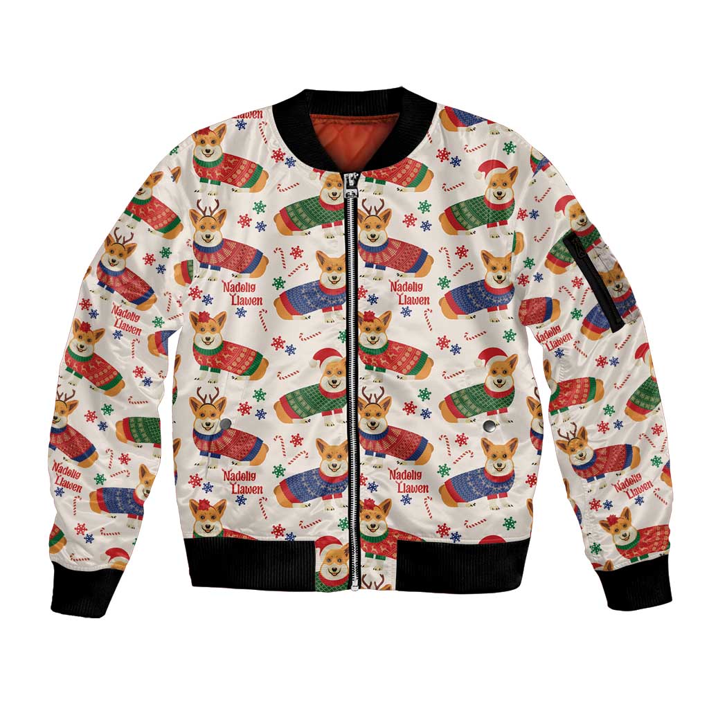 Wales Corgi Christmas Sleeve Zip Bomber Jacket Nadolig Llawen Welsh Dog Seamless Vibes - Wonder Print Shop