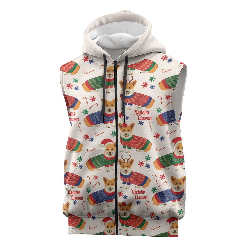 Wales Corgi Christmas Sleeveless Zip Hoodie Nadolig Llawen Welsh Dog Seamless Vibes - Wonder Print Shop