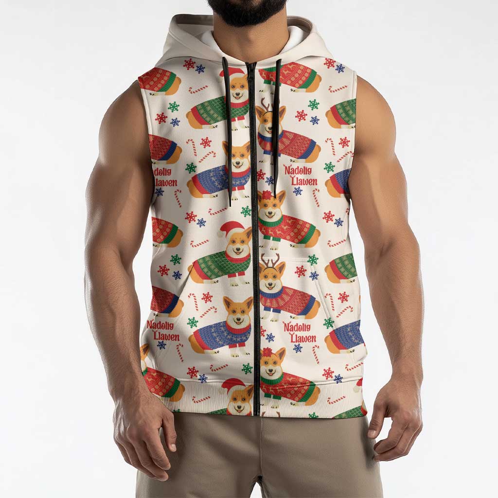 Wales Corgi Christmas Sleeveless Zip Hoodie Nadolig Llawen Welsh Dog Seamless Vibes - Wonder Print Shop