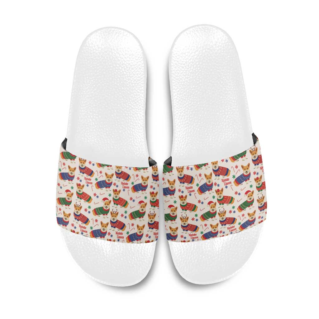 Wales Corgi Christmas Slide Sandals Nadolig Llawen Welsh Dog Seamless Vibes - Wonder Print Shop