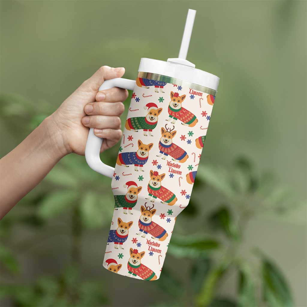 Wales Corgi Christmas Tumbler With Handle Nadolig Llawen Welsh Dog Seamless Vibes - Wonder Print Shop