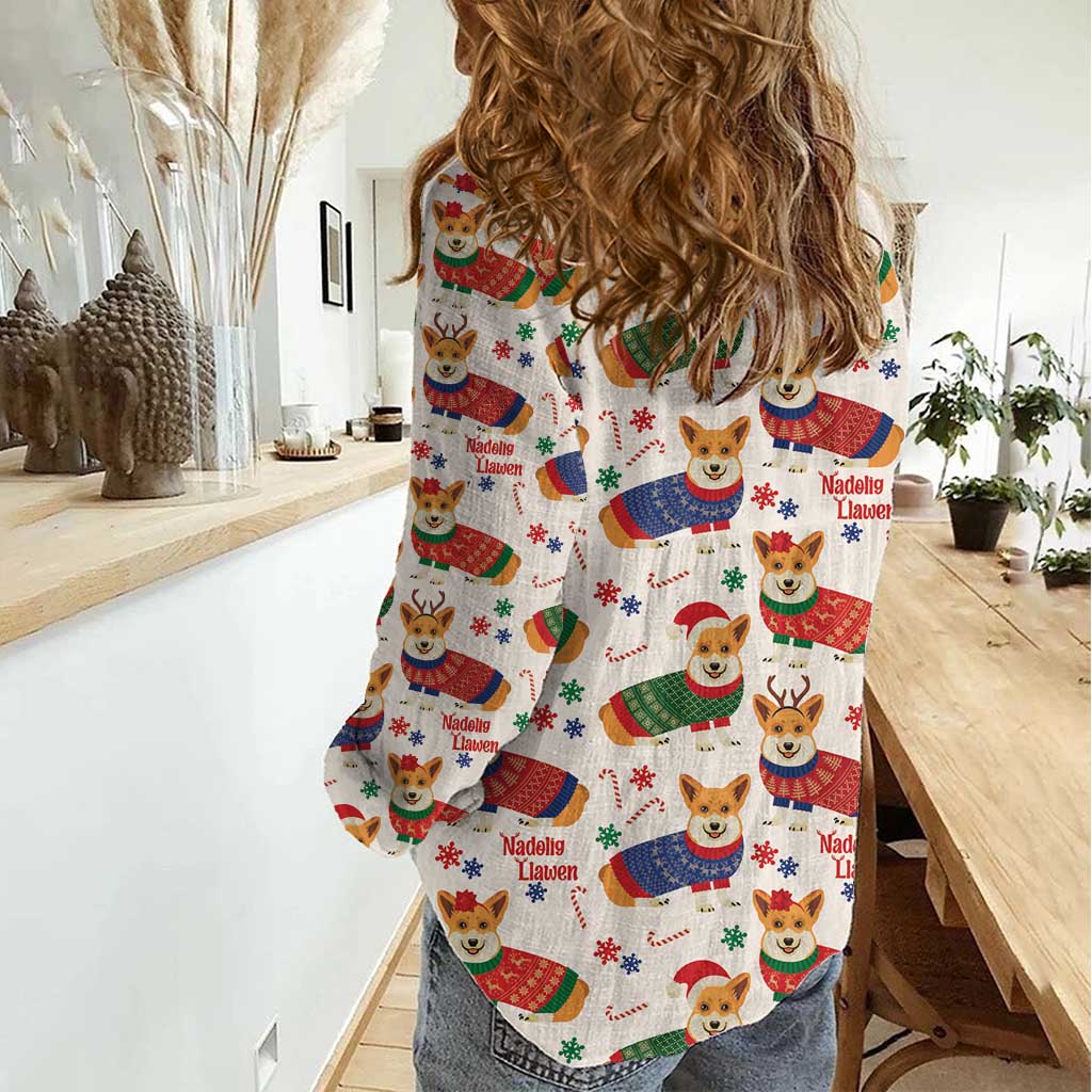 Wales Corgi Christmas Women Casual Shirt Nadolig Llawen Welsh Dog Seamless Vibes - Wonder Print Shop