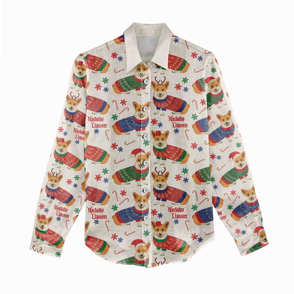 Wales Corgi Christmas Women Casual Shirt Nadolig Llawen Welsh Dog Seamless Vibes - Wonder Print Shop