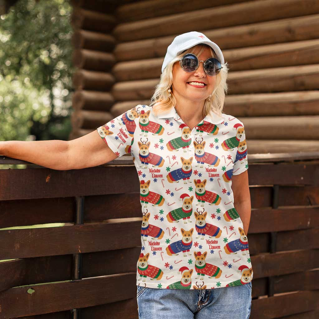 Wales Corgi Christmas Women Polo Shirt Nadolig Llawen Welsh Dog Seamless Vibes - Wonder Print Shop