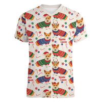 Wales Corgi Christmas Women V-Neck T-Shirt Nadolig Llawen Welsh Dog Seamless Vibes - Wonder Print Shop