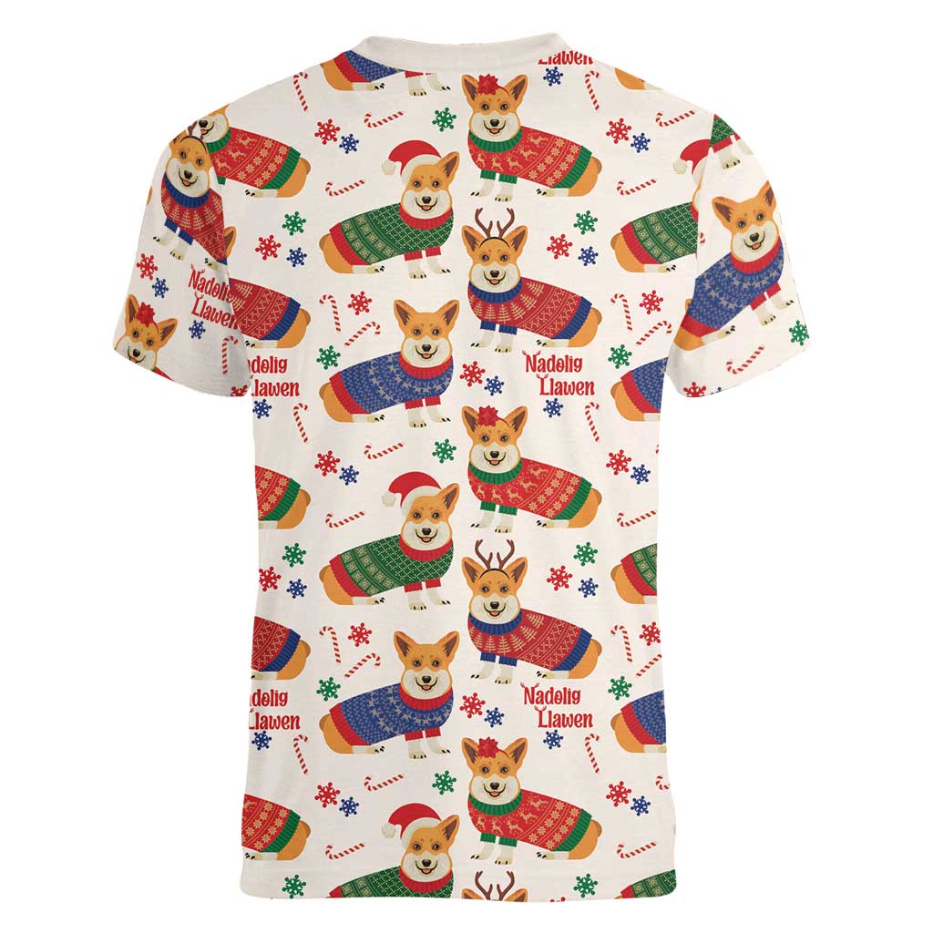 Wales Corgi Christmas Women V-Neck T-Shirt Nadolig Llawen Welsh Dog Seamless Vibes - Wonder Print Shop