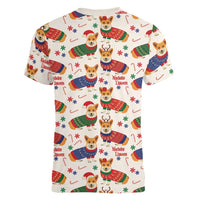 Wales Corgi Christmas Women V-Neck T-Shirt Nadolig Llawen Welsh Dog Seamless Vibes - Wonder Print Shop