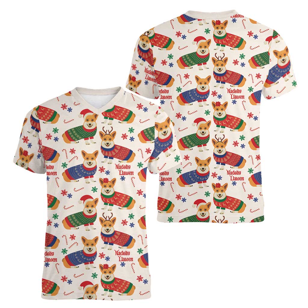 Wales Corgi Christmas Women V-Neck T-Shirt Nadolig Llawen Welsh Dog Seamless Vibes - Wonder Print Shop