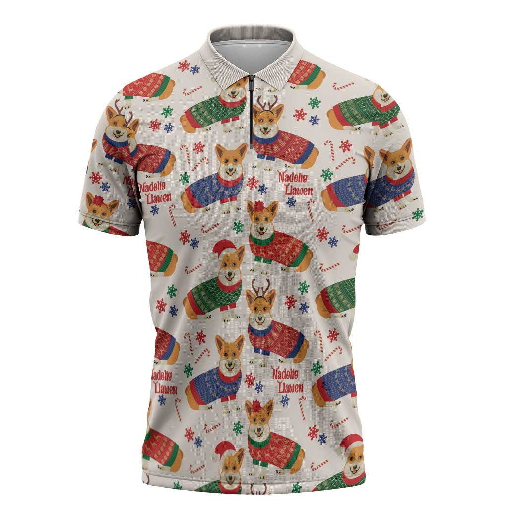 Wales Corgi Christmas Zipper Polo Shirt Nadolig Llawen Welsh Dog Seamless Vibes - Wonder Print Shop