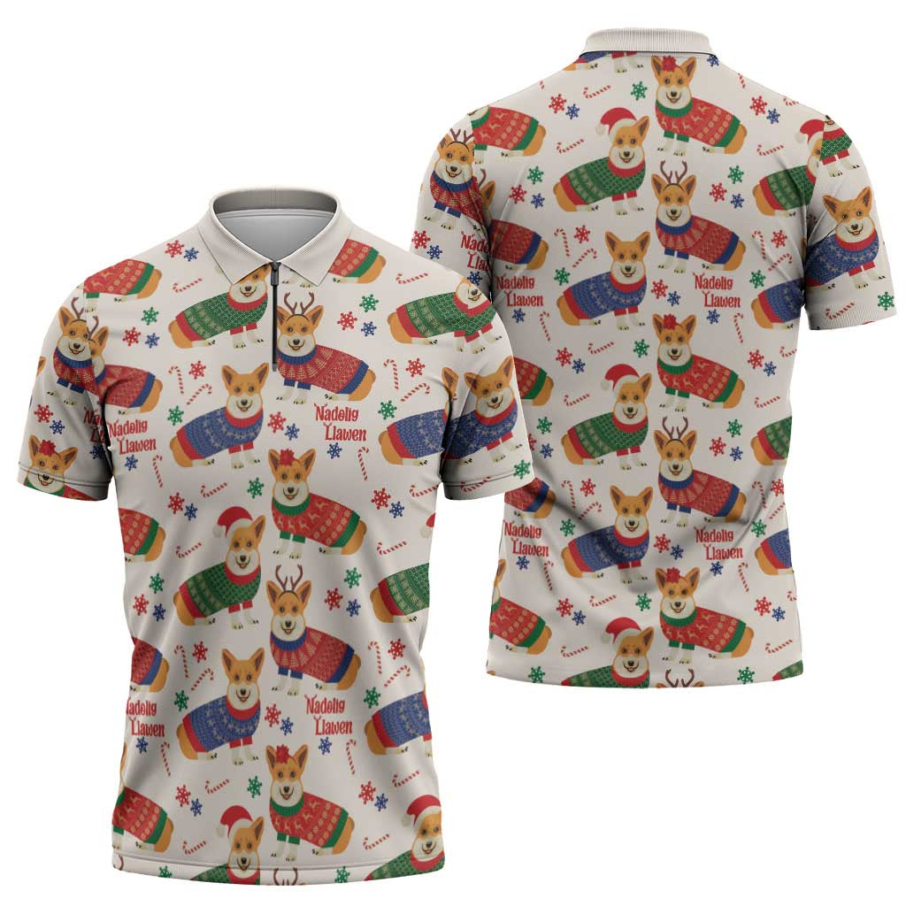 Wales Corgi Christmas Zipper Polo Shirt Nadolig Llawen Welsh Dog Seamless Vibes - Wonder Print Shop