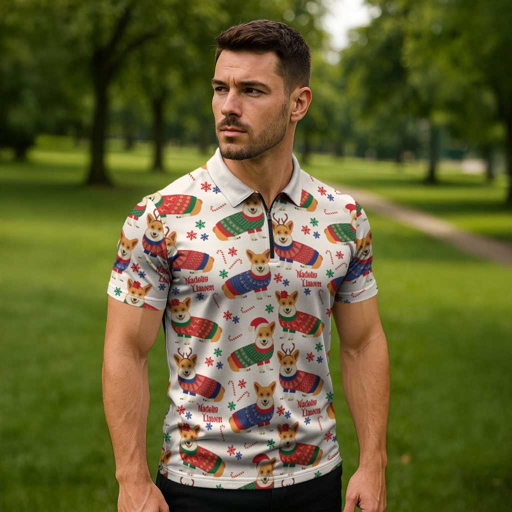 Wales Corgi Christmas Zipper Polo Shirt Nadolig Llawen Welsh Dog Seamless Vibes - Wonder Print Shop