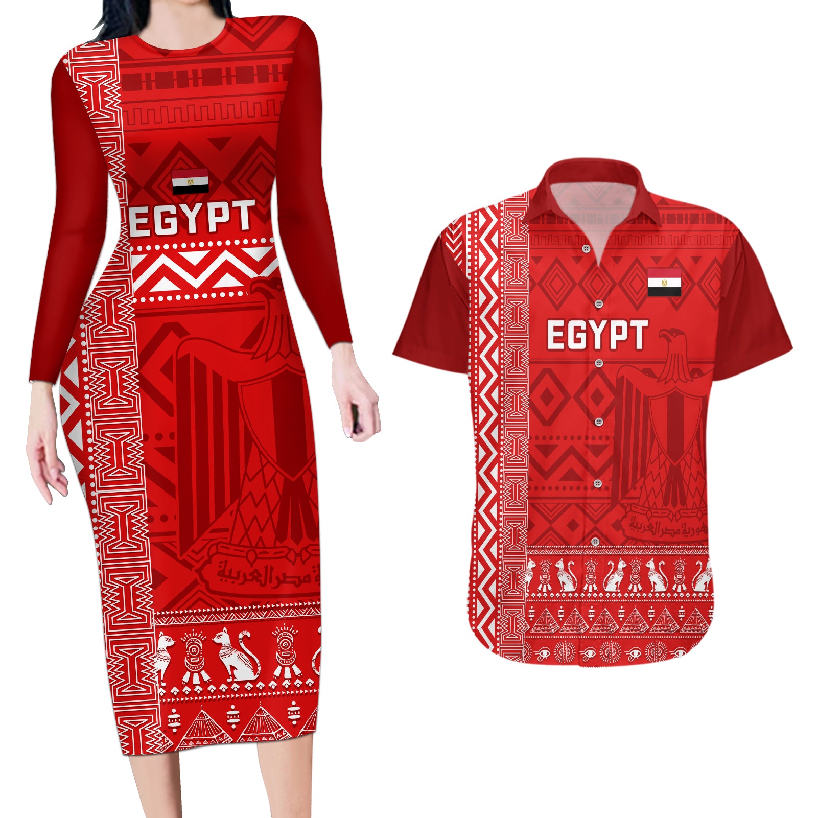 Egypt Football Couples Matching Long Sleeve Bodycon Dress and Hawaiian Shirt 2024 Go Champions Pharaohs Egyptian Patterns